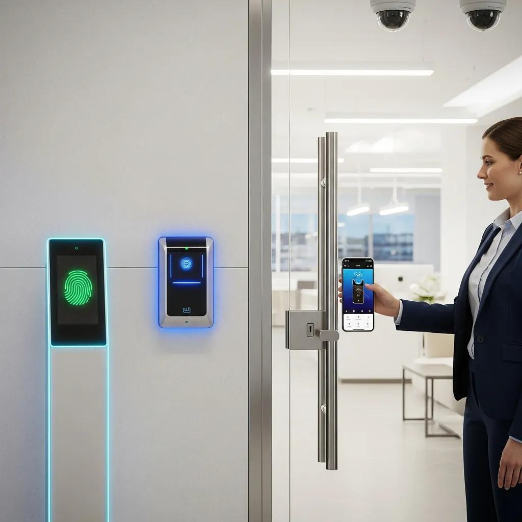 Access control solutions including keycard reader and biometric scanner in a corporate office