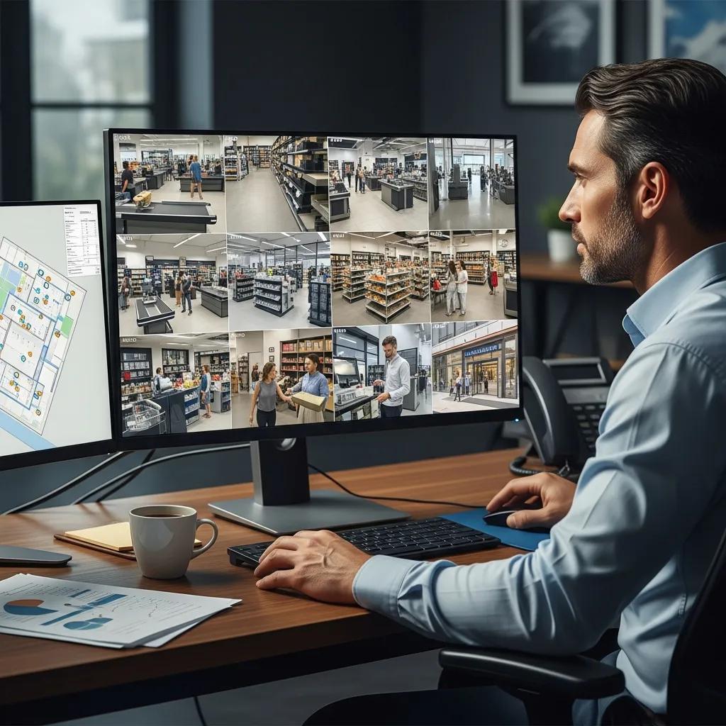 Business owner reviewing video surveillance footage on a computer in a modern office