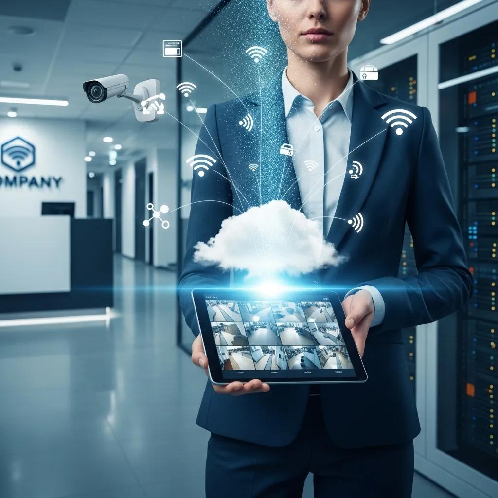 Business owner using mobile device for cloud-based security monitoring