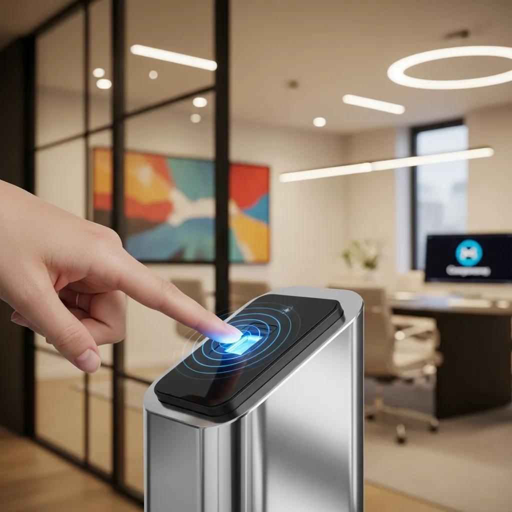 Close-up of a biometric fingerprint scanner being used in a modern office setting