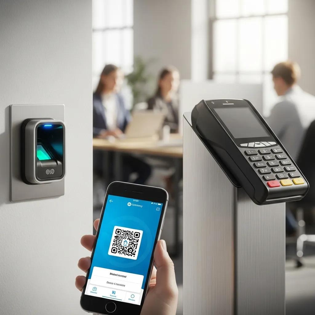 Different types of access control systems including key card reader, biometric scanner, and mobile credential app