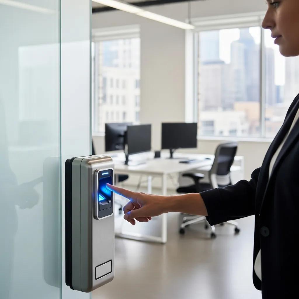 Employee using a biometric scanner for access control in a secure office environment