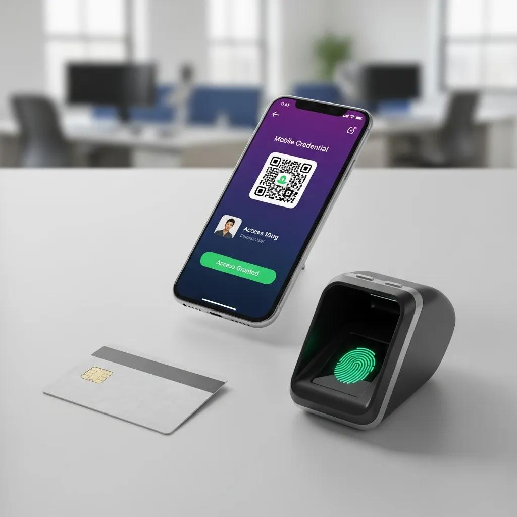 Key card, biometric scanner, and smartphone representing different access control methods