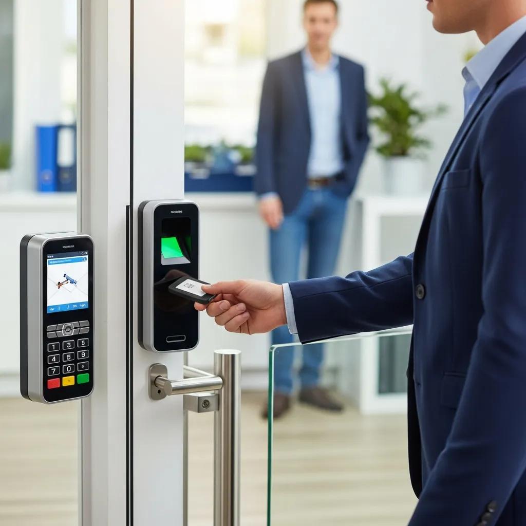 Modern commercial access control system with card reader and biometric scanner at a business entrance