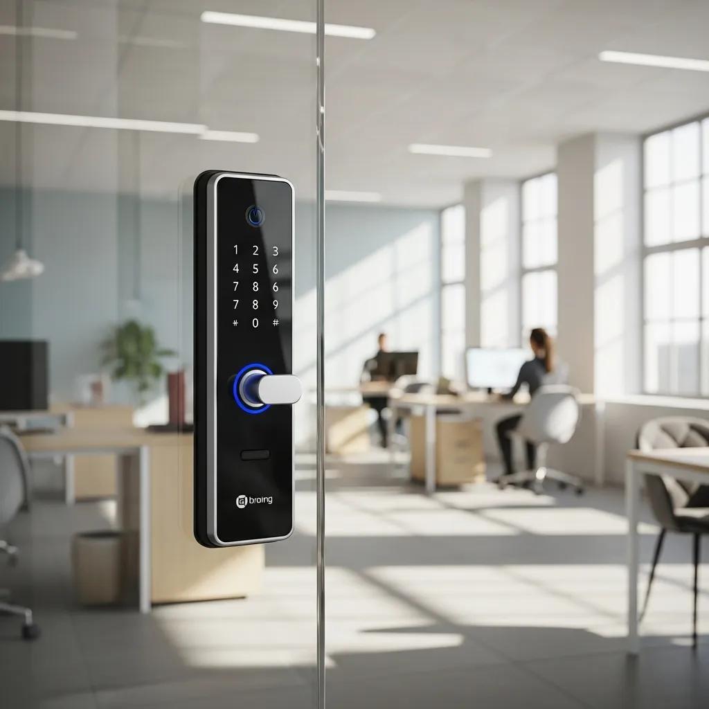 Modern commercial access control system with electronic lock in a professional office setting