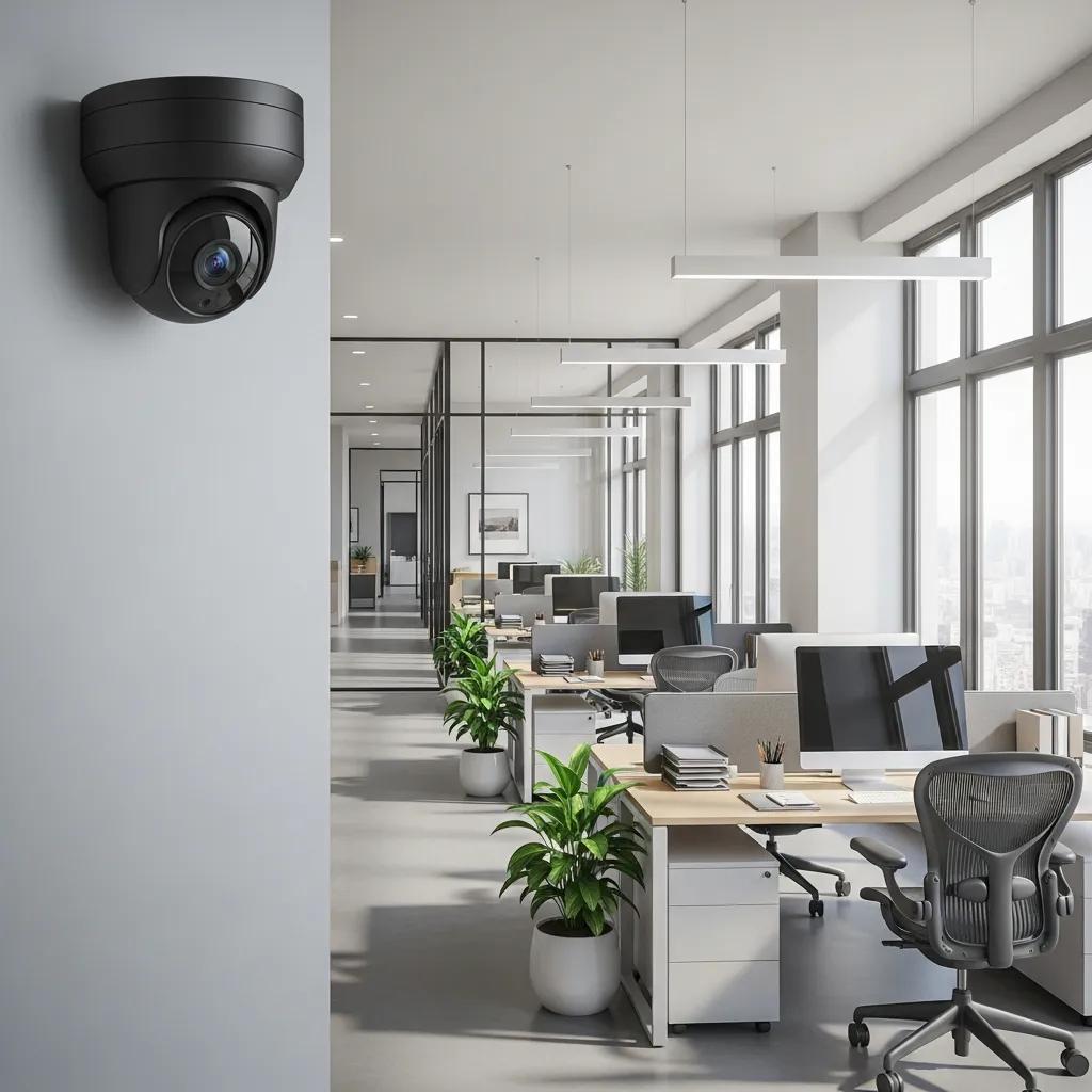 Modern commercial security system featuring a security camera in a professional office setting