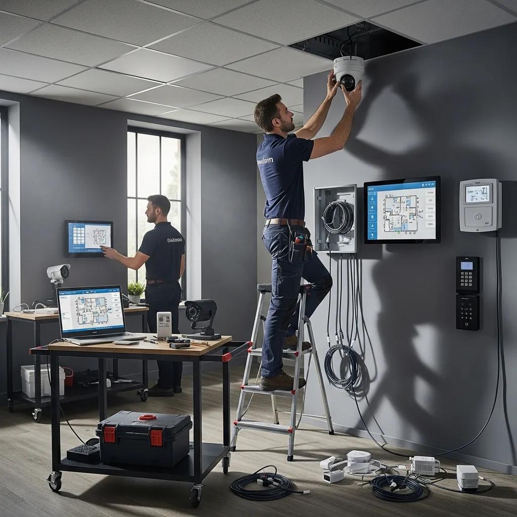 Modern commercial security system installation with professional installer and advanced technology
