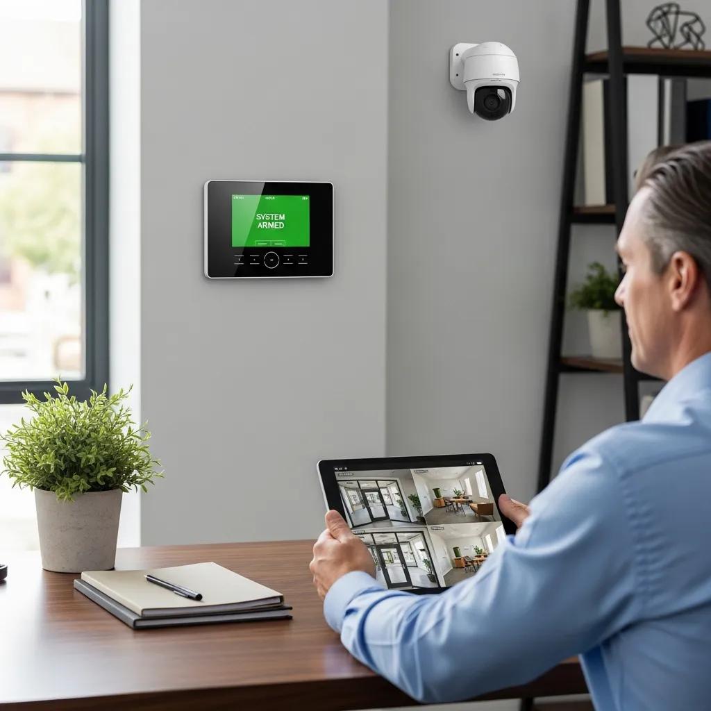 Modern commercial security system with alarm panel and surveillance camera in a business setting