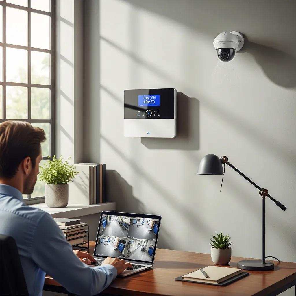 Modern commercial security system with alarm panel and surveillance camera in a business setting