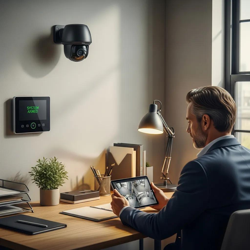 Modern commercial security system with camera and alarm panel in a business setting