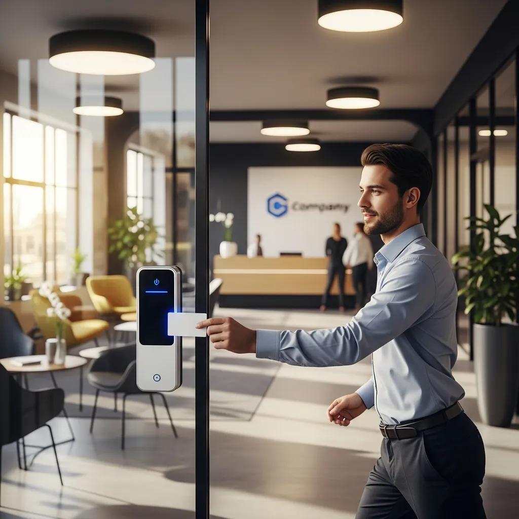 Modern office access control system with keycard reader and employee accessing the entrance