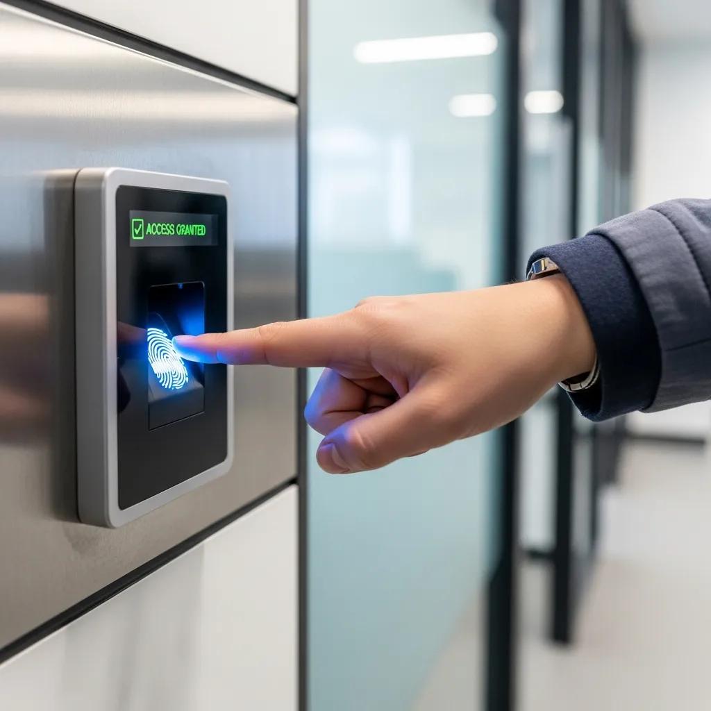 Person using a biometric fingerprint scanner for secure access in an office environment