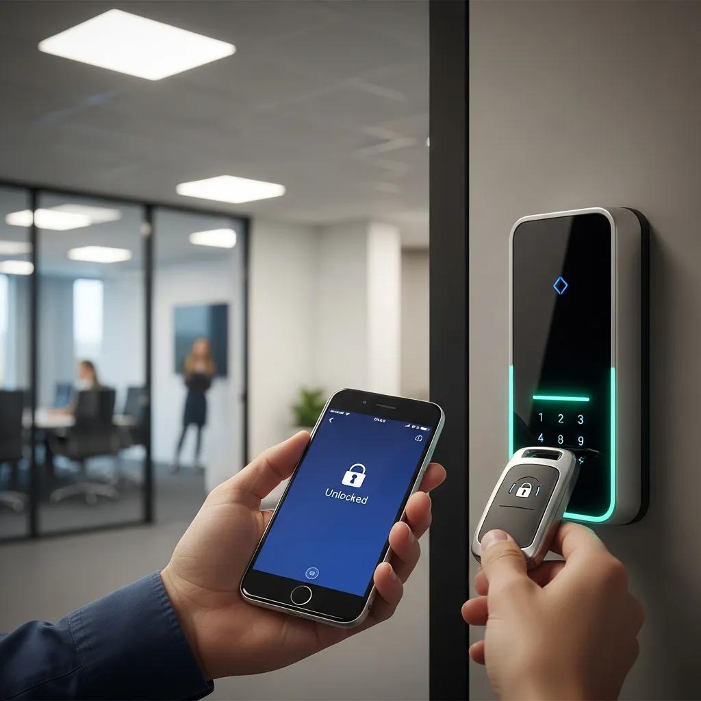 Person using a keyless entry system with a mobile app to access a secure office