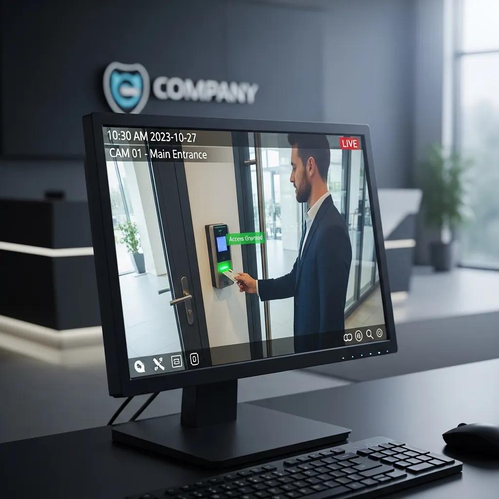 Security monitor displaying live footage of access control in a business environment