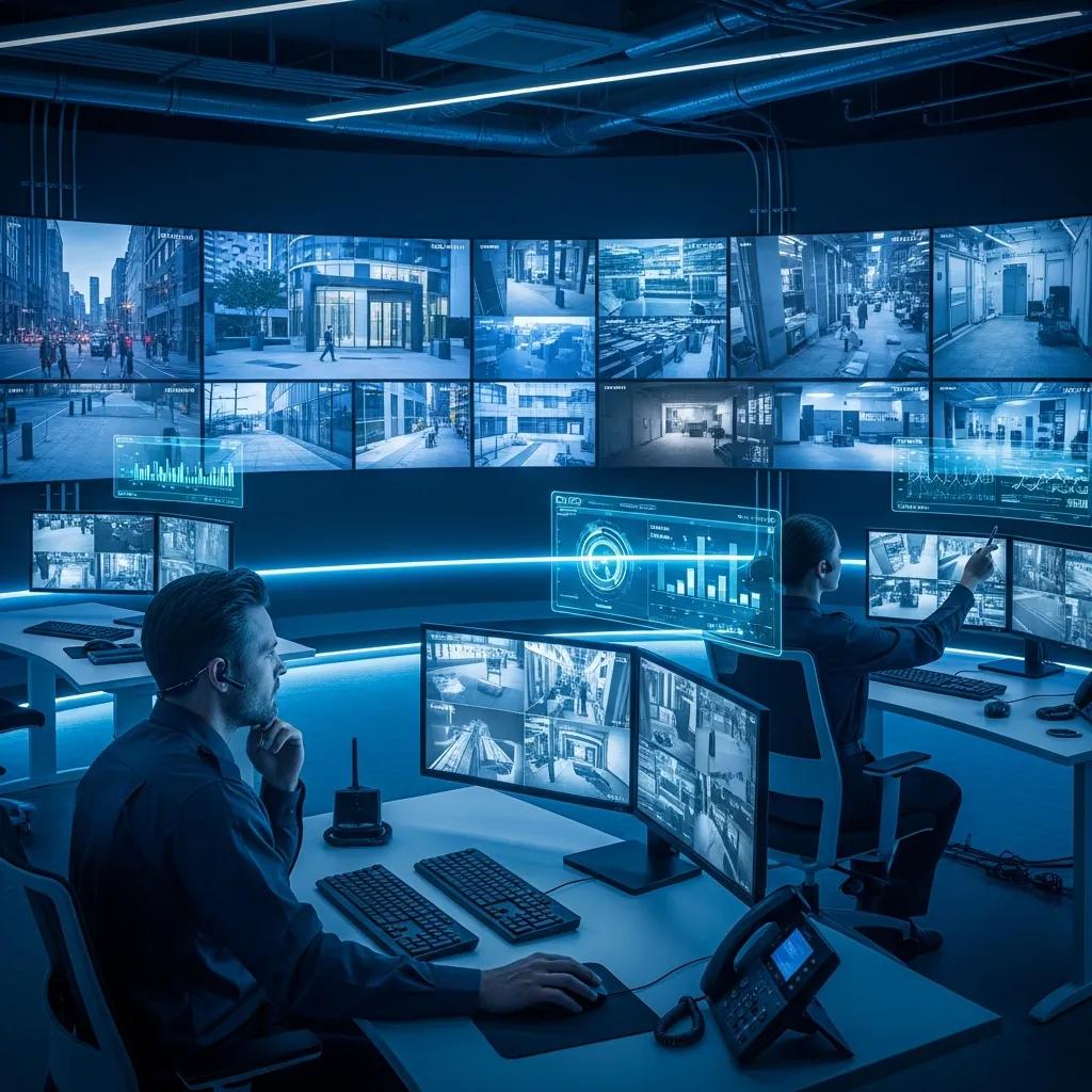 Security monitoring center with personnel overseeing live camera feeds for enhanced safety