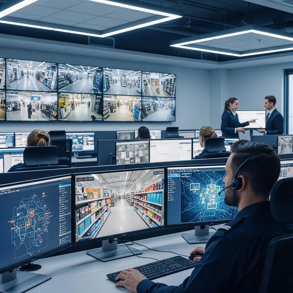Security personnel monitoring live feeds in a high-tech monitoring center for business alarm systems