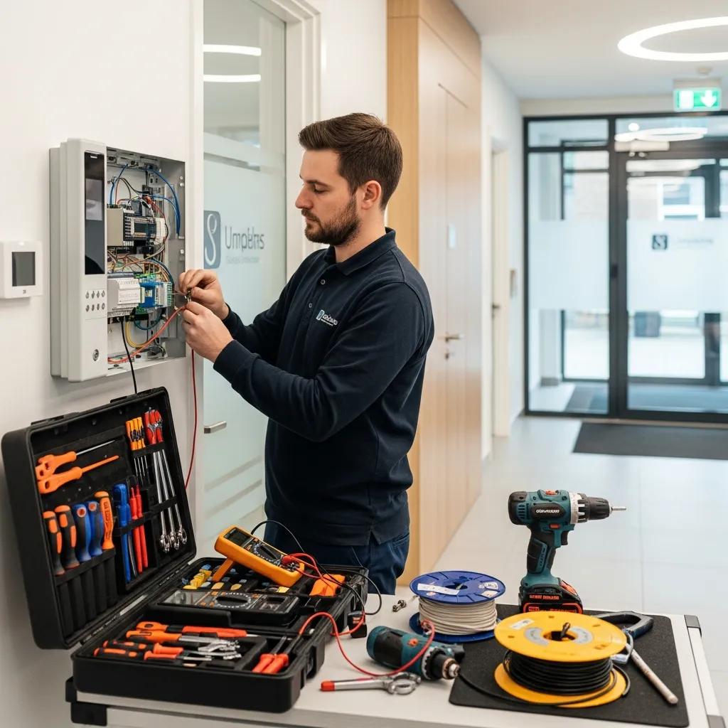Technician installing a commercial access control system in a business environment