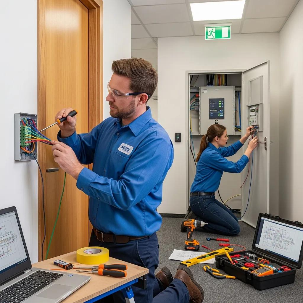 Technicians installing a commercial access control system in a business