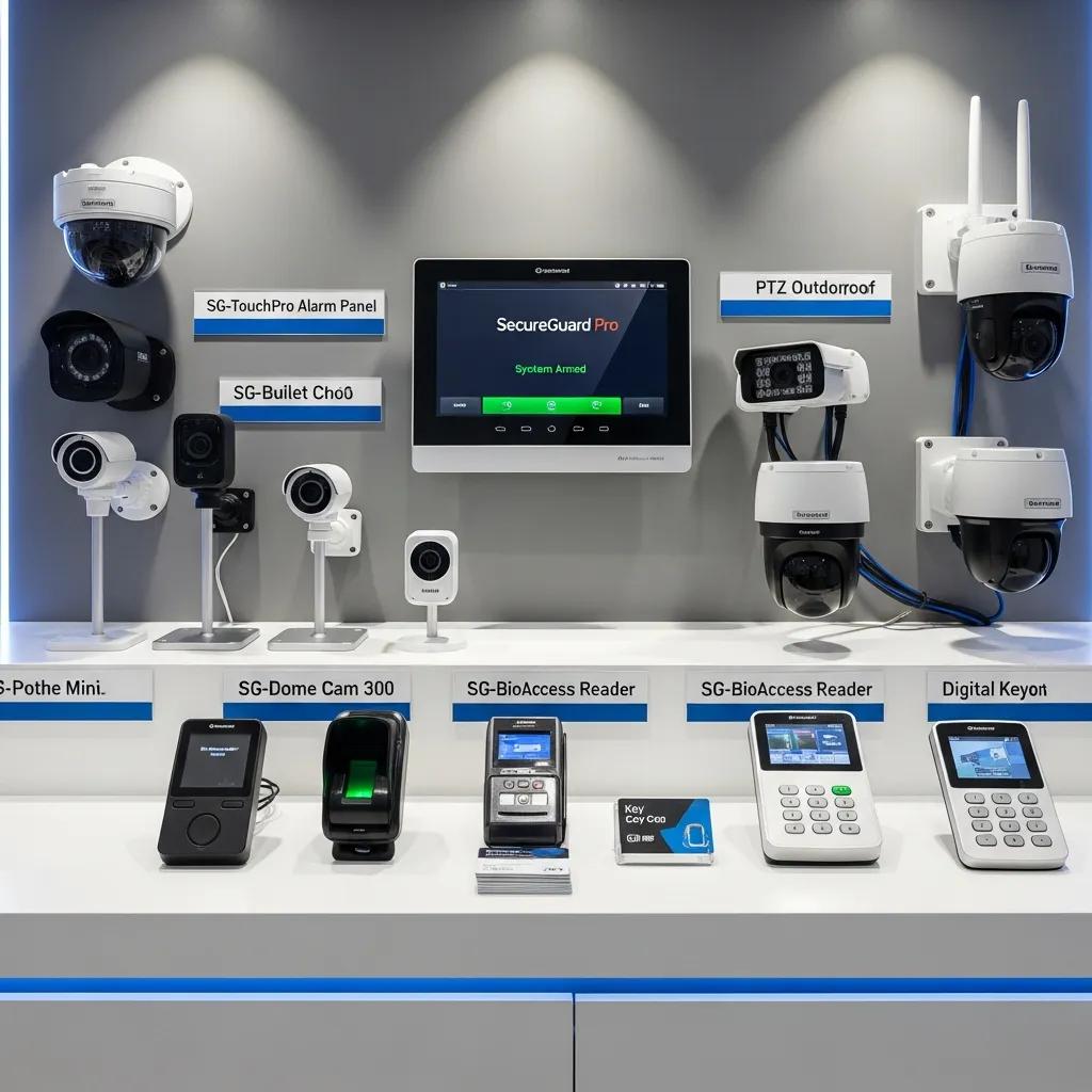 Variety of commercial burglar alarms and security cameras in a business setting