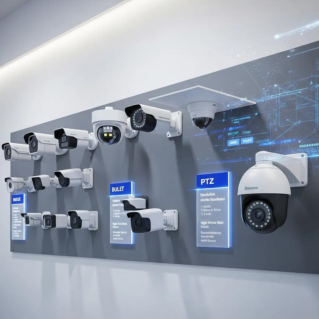 Variety of commercial surveillance cameras including IP, dome, and PTZ cameras in a professional display