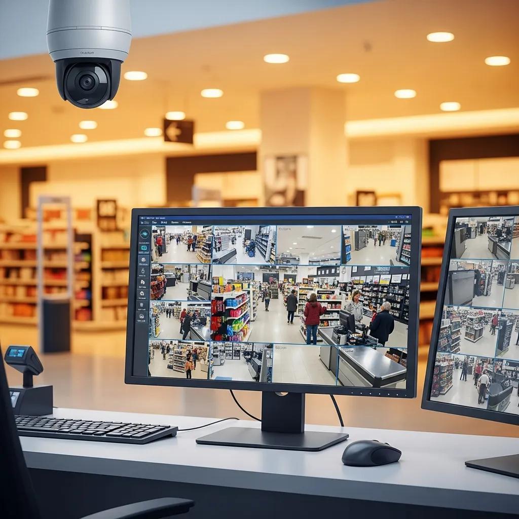 Video surveillance camera monitoring a retail store interior for enhanced security