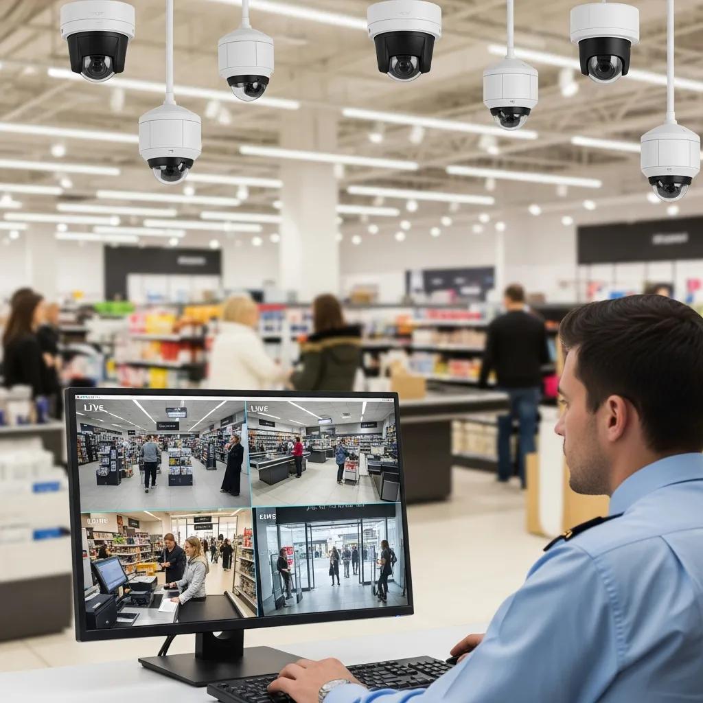 Video surveillance system in a retail environment with security professional monitoring footage