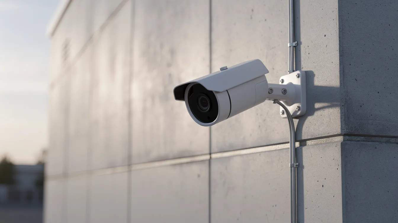 An exterior security camera is mounted on the wall of a commercial building, providing surveillance for enhanced business security systems. This advanced technology is part of a comprehensive security solution aimed at ensuring a secure environment for the property.