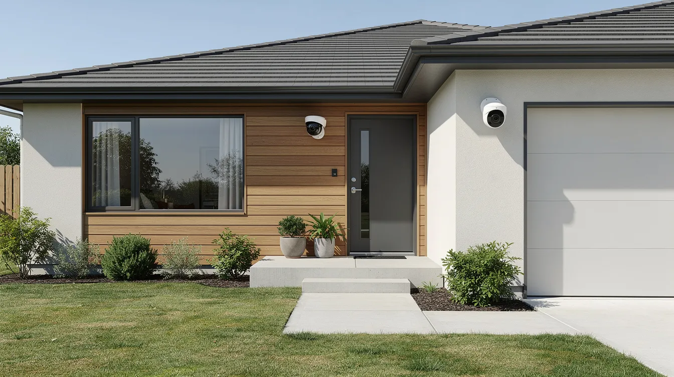 The image shows the exterior of a single-family home featuring a security camera mounted near the front door, enhancing the home's safety with modern security systems. This installation is part of a comprehensive approach to home security, providing reliable protection against potential threats.